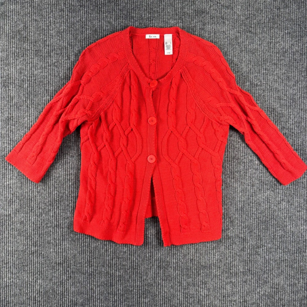 Liz & Co Cardigan Sweater L Red Cable Knit Button Front 3/4 Sleeve Classic Cozy